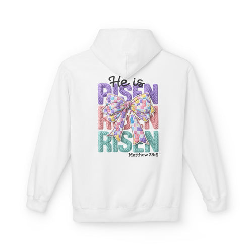 He Is Risen Hoodie — Easter Floral Bow Christian Pullover