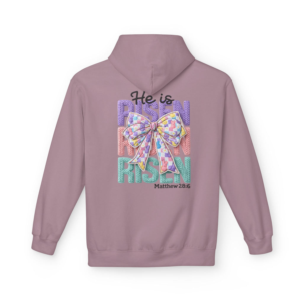 He Is Risen Hoodie — Easter Floral Bow Christian Pullover