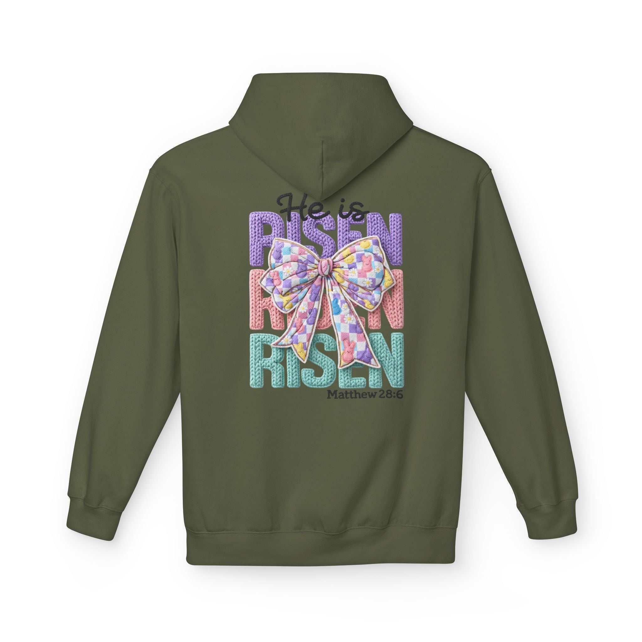 He Is Risen Hoodie — Easter Floral Bow Christian Pullover