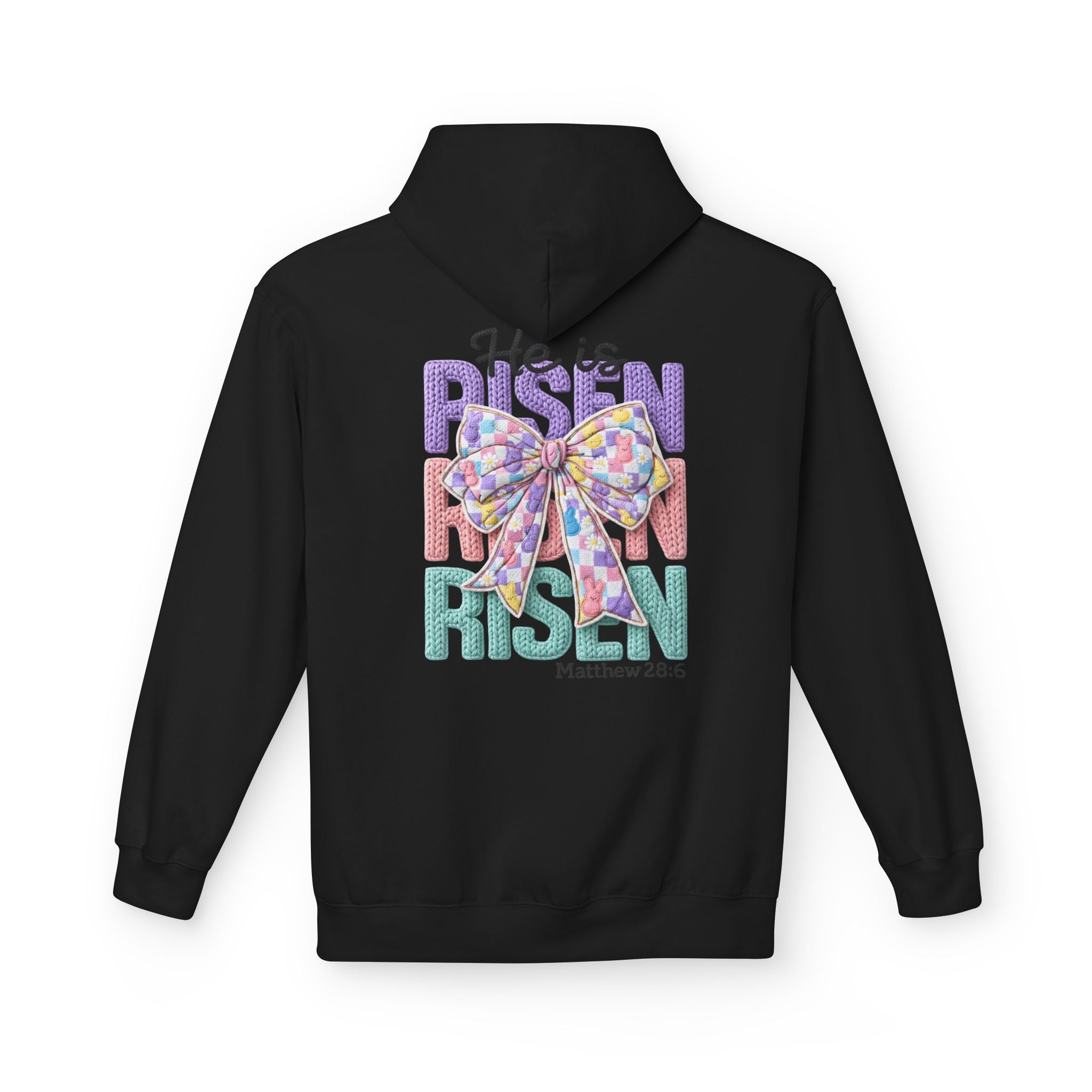 He Is Risen Hoodie — Easter Floral Bow Christian Pullover